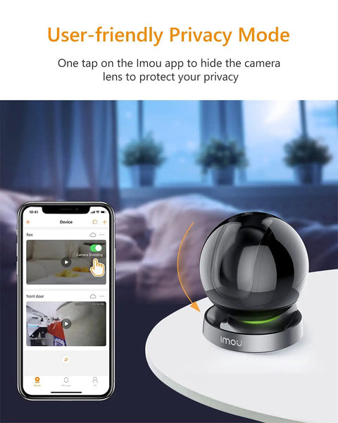 Indoor Security Camera 1080P HD WiFi 2.4G Only With 360 Degree View on table near smartphone app interface