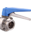 Side view of a stainless steel 1.5-inch tri-clamp butterfly valve with blue trigger handle.