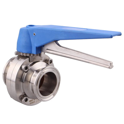 Side view of a stainless steel 1.5-inch tri-clamp butterfly valve with blue trigger handle.