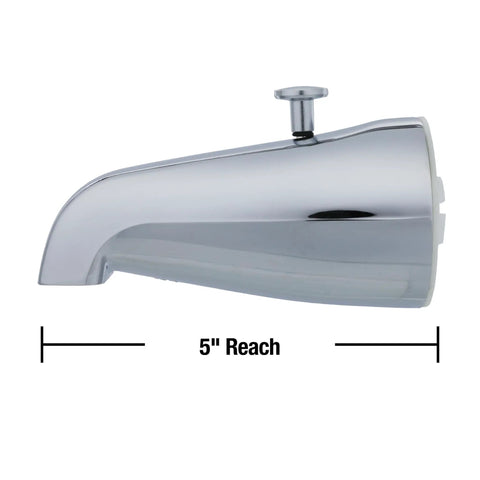 Replacement Tub Spout With Diverter Chrome 5 Inch For 1/2 Inch Or 3/4 Inch IPS Connections, side view showing 5-inch reach.