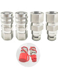 Four chrome-plated 3/4-inch SAE hydraulic quick-connect couplers with 1/2-inch bodies and red dust caps