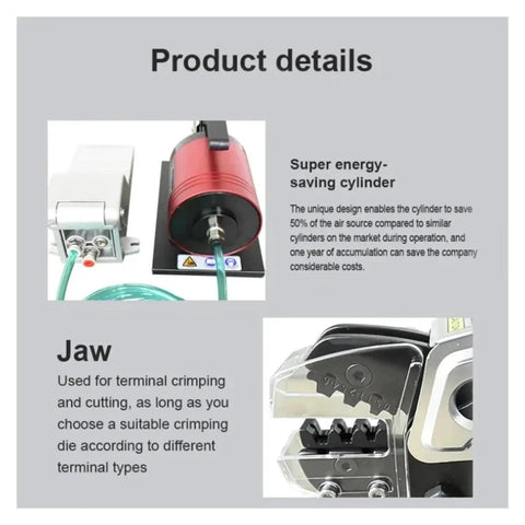 Image showing the 0.5 To 0.6 Mpa Pneumatic Crimping Machine with energy-saving cylinder and interchangeable jaws for insulated tubes.