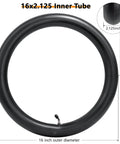 16x2.125 Replacement Butyl Inner Tube With CR202 Bent Valve Stem 2 Pack Fits 16 Inch Tires From 1.75 To 2.125 Width Compatible With Electric Bicycles Motorcycles And Most Kids Bikes, showing tube with outer diameter of 16 inches.