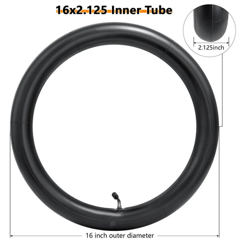 16x2.125 Replacement Butyl Inner Tube With CR202 Bent Valve Stem 2 Pack Fits 16 Inch Tires From 1.75 To 2.125 Width Compatible With Electric Bicycles Motorcycles And Most Kids Bikes, showing tube with outer diameter of 16 inches.