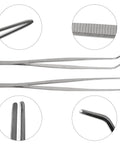 12 Inch Long Stainless Steel Tweezers And Nippers Set With Straight And Curved Tips, Serrated Jaws, And Ridged Grooved Handles