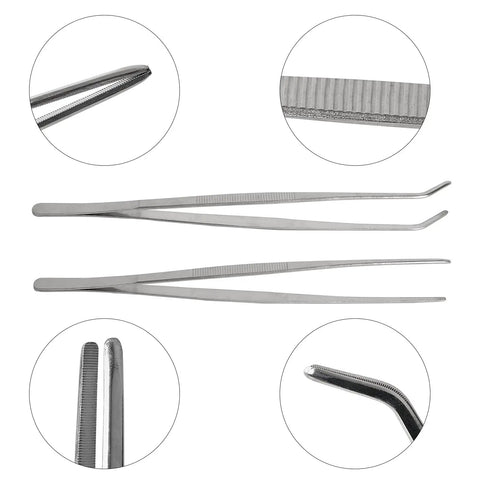 12 Inch Long Stainless Steel Tweezers And Nippers Set With Straight And Curved Tips, Serrated Jaws, And Ridged Grooved Handles