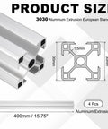 Diagram of Four Pack 400mm 3030 Aluminum Extrusion Profiles European Standard Anodized Linear Rails showing dimensions and layout.
