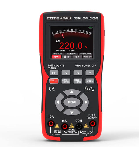 Front view of 2 In 1 Oscilloscope Multimeter with 2.8 Inch IPS Display, 9999 Counts, showing 220V voltage reading.