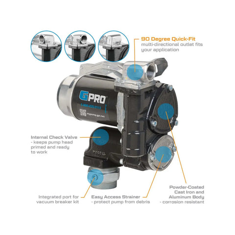 Heavy Duty 12 Volt Fuel Transfer Pump showing 90-degree outlet, internal check valve, and corrosion-resistant body.