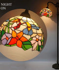 Cream Amber Hummingbird Stained Glass Lampshade Replacement 12 by 12 by 6 Inch with 1 5/8 Inch Fitter on floor lamp at night