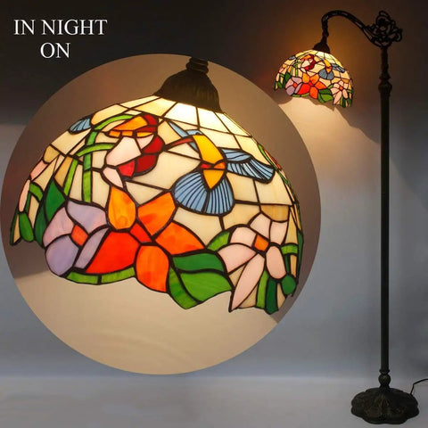 Cream Amber Hummingbird Stained Glass Lampshade Replacement 12 by 12 by 6 Inch with 1 5/8 Inch Fitter on floor lamp at night