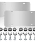 Two stainless steel license plate backings, screws, caps, and washers; Stainless Steel License Plate Backing Twin Pack 12 By 6 Inches Silver Car Tag Holder With Screws And Caps Heavy Duty Metal Plate Rustproof Anti Vibration Bending Protection Reinforce Bracket visible.