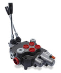 Front view of monoblock hydraulic directional control valve, 2-spool with dual lever handles and red port plugs