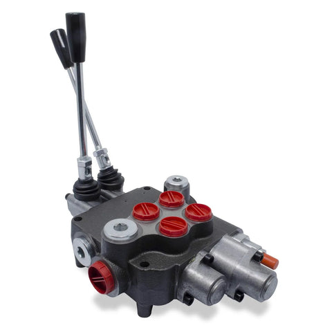Front view of monoblock hydraulic directional control valve, 2-spool with dual lever handles and red port plugs