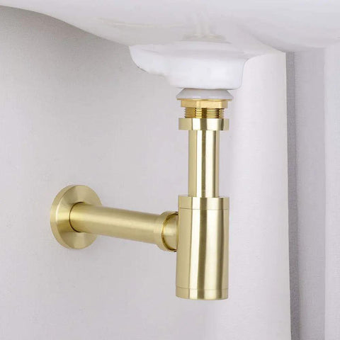 Brass Round Bottle P Trap For Basin Sinks, Adjustable Height Waste Drain Tube Kit In Brushed Gold Finish installed under sink