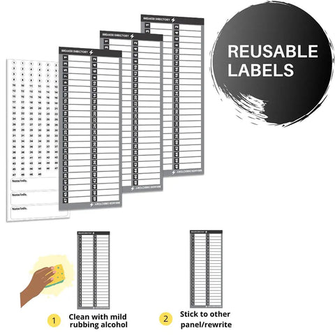 Durable Non Tearable Vinyl Circuit Breaker Labels With Strong Adhesive For Fuse Panels showing reuse and cleaning instructions.