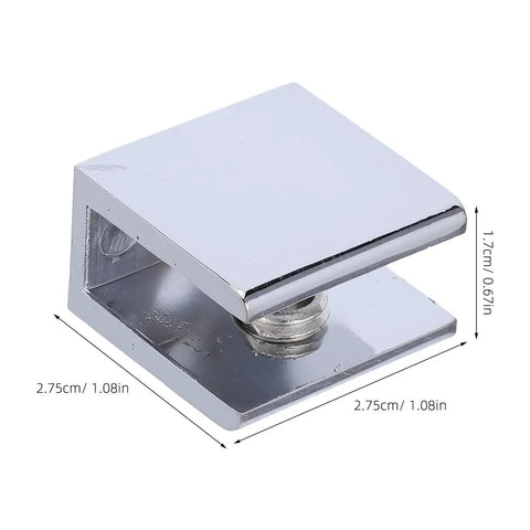 4-Pack Glass Shelf Support Clips For 8-10mm Shelves, Zinc Alloy Fixed-Thickness Mounting Clamp with dimensions shown
