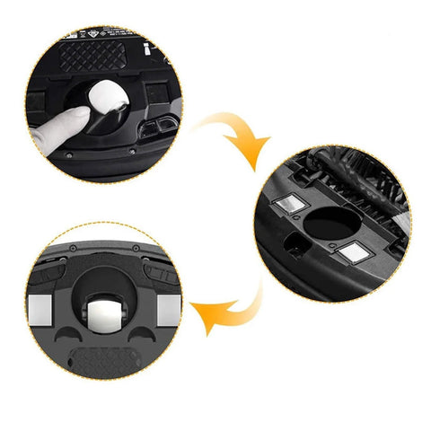 Roomba front wheel caster assembly (2pcs) for 500–900 series; shown installed, side, and close-up views.