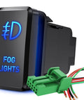 Fog Light Push Button Switch 12V On Off With Wire Connector Kit 1.54 In By 0.83 In LED illuminated with wires visible