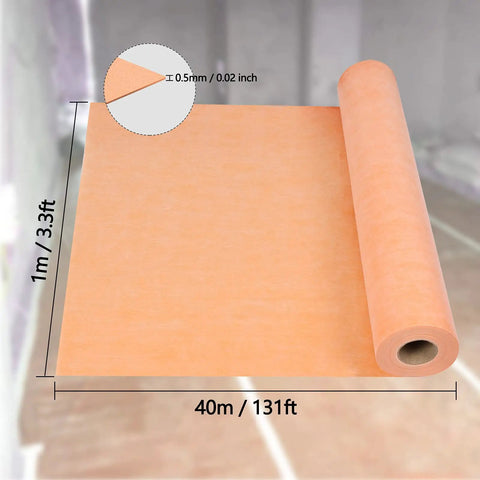 Beefed Up Waterproof Membrane Roll 430 Sq Ft 20 Mil Thick 3.3 By 131 Feet PE Fabric Tile Underlayment in orange color