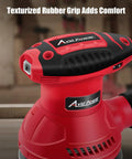 Heavy Duty Five Inch Random Orbital Sander Featuring Six Variable Speeds And A Badass 360 Watt Motor For Killer Wood Finishes Plus Low Vib Build With An Easy Dump Dust Bag For Quick Projects with textured rubber grip.
