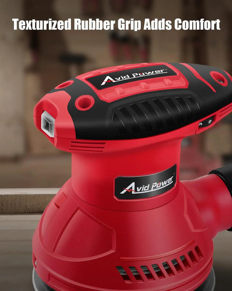 Heavy Duty Five Inch Random Orbital Sander Featuring Six Variable Speeds And A Badass 360 Watt Motor For Killer Wood Finishes Plus Low Vib Build With An Easy Dump Dust Bag For Quick Projects with textured rubber grip.