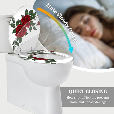 Round Resin Toilet Seat for Bathroom with red rose design, features quiet closing, fits standard toilets.
