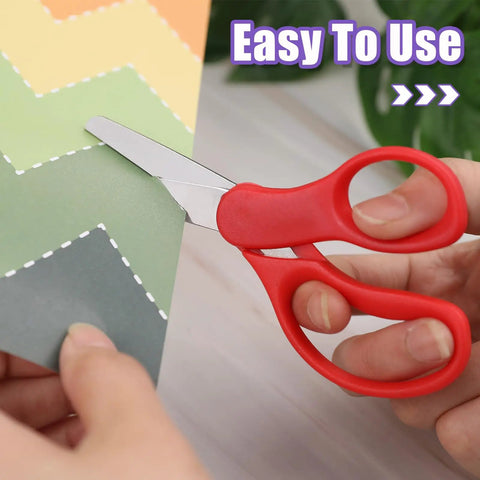 36 Pack Kid Scissors For School And Home, 5 Inch Safety Blunt Tip Scissors cutting colorful paper, focus on red comfort grip handle