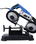 Straight Shooter Portable Band Saw Featuring 1100 Watt Motor And 5 Inch Depth Cut For Boss Level Cuts Variable Speed Compact Unit angled view with blade and base.
