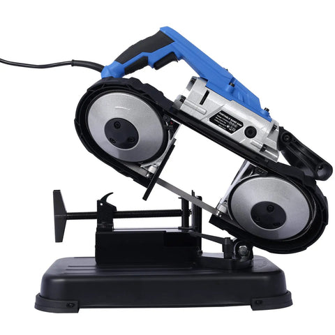 Straight Shooter Portable Band Saw Featuring 1100 Watt Motor And 5 Inch Depth Cut For Boss Level Cuts Variable Speed Compact Unit angled view with blade and base.
