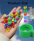 Hand holding colorful 8mm pigeon leg bands, set of 120, numbered, for baby chick, bantam, dove, and poultry ID and tracking.