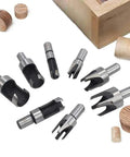 Top Shelf 8 Piece Wood Plug Cutter And Tapered Drill Bit Set Built Tough From Carbon Steel With Slick Titanium Coating, showing various drill bits.