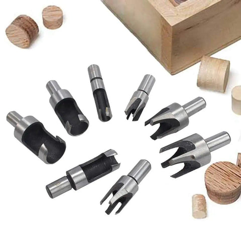 Top Shelf 8 Piece Wood Plug Cutter And Tapered Drill Bit Set Built Tough From Carbon Steel With Slick Titanium Coating, showing various drill bits.