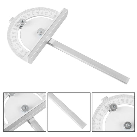 Side view of TRUTOPWAY miter angle measuring tool with circular protractor and long aluminum arm for table saws.