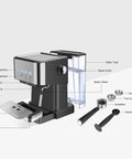 Top Shelf Espresso Coffee Machine With 20 Bar Italian Pump And 1050W Fast Heat Boiler, shown with components and water tank.