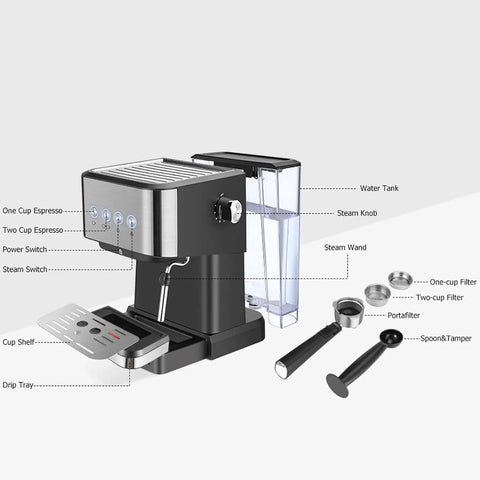 Top Shelf Espresso Coffee Machine With 20 Bar Italian Pump And 1050W Fast Heat Boiler, shown with components and water tank.