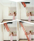 Top Tier Electric Attic Ladder With Remote Operation being extended from ceiling using a pull rod in a home setting.