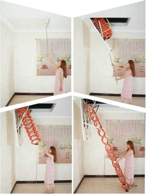 Top Tier Electric Attic Ladder With Remote Operation being extended from ceiling using a pull rod in a home setting.