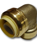 Close-up of a Three Quarter Inch Push Fit Elbow Set for Copper CPVC and PEX Pipes, Lead Free Brass Body, part of 10 Piece Set.