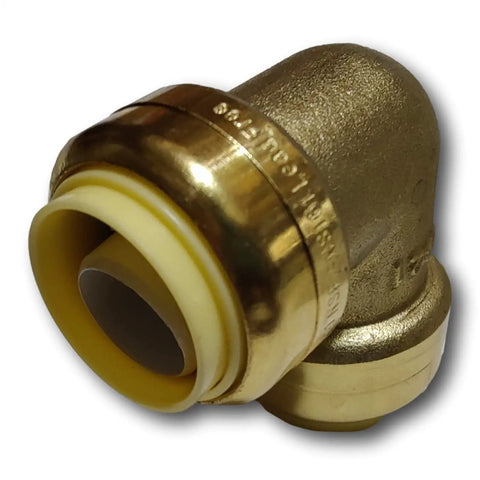 Close-up of a Three Quarter Inch Push Fit Elbow Set for Copper CPVC and PEX Pipes, Lead Free Brass Body, part of 10 Piece Set.