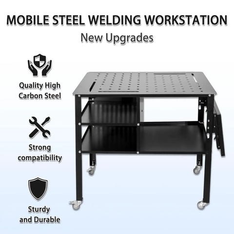 Heavy-Duty Mobile Welding Table With Foldable Side Panels For Factory And Garage Use, Steel Workbench On Wheels For Welding Applications