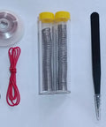Pro Grade 60W Soldering Iron Kit With Digital Multimeter accessories including solder wire, tweezers, and desoldering tools.