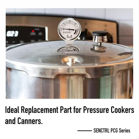 20 Psi Pressure Cooker Gauge Replacement With 2 Inch Dial on a stainless steel pressure cooker