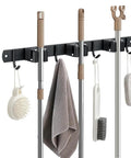 Built Tough Heavy Duty Wall Mounted Broom And Mop Holder, Stainless Steel Tool Organizer Rack With 3 Racks And 4 Hooks, Matte Black