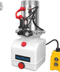 Beefy 4 Quart Hydraulic Power Unit For Dump Trucks And Trailers With 12V DC Electric Pump Single Acting 1600W Up To 2900 Psi 3200 Psi Safety Relief Valve Plastic Reservoir For Dump Bed Hydraulics, featuring a plastic reservoir and yellow remote control.