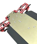 Heavy Duty Metal Front And Rear Suspension Arm Steering Cup Hub Carrier Set For 10th Scale RC Cars Compatible With PTG2 Platform Rad Beefy Upgrade Kit In Bright Red with chassis mounting details.