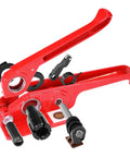 Rock Solid Heavy Duty Banding Strapping Tensioner And Cutter Tool Manual Windlass For 1/2 To 3/4 Inch Polyester Strap with red handles and components.