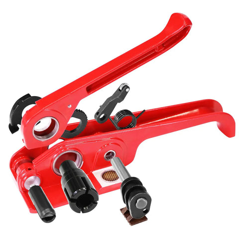 Rock Solid Heavy Duty Banding Strapping Tensioner And Cutter Tool Manual Windlass For 1/2 To 3/4 Inch Polyester Strap with red handles and components.