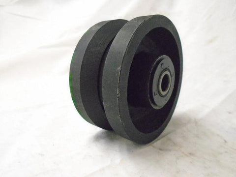 Heavy duty V-groove caster wheels, black finish iron steel, 4x2 inch with 600 lbs capacity, for industrial carts and dollies.