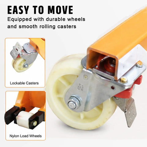 Heavy Duty Electric Pallet Stacker Lift 170cm Foldable Design 500-700kg Capacity showing durable lockable wheels for easy movement.